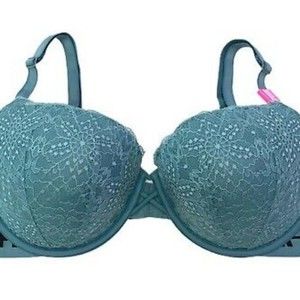 VS PINK DATE Logo Banded Push-up Teal Lace Bra